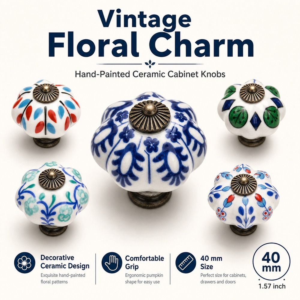 Furniture Hardware Vintage - มือจับลิ้นชักเซรามิกลายดอกไม้ รูปทรงฟักทอง มือจับประตูตู้สไตล์วินเทจ มือจับเฟอร์นิเจอร์ มือจับประตูตู้