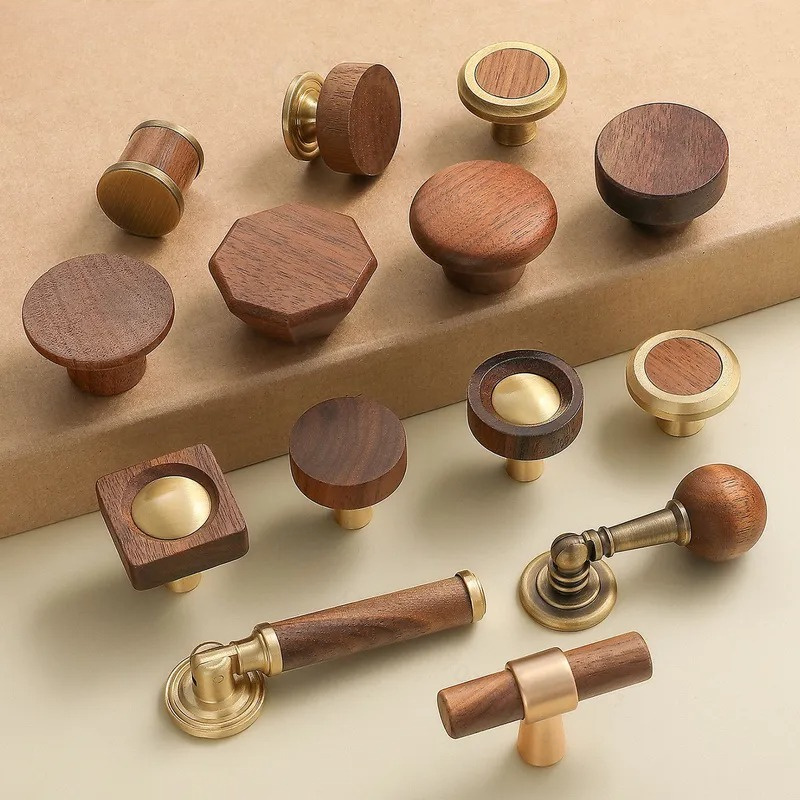 Cabinet Knob Round - มือจับประตูตู้ทองเหลืองสไตล์ยุคกลาง รูปทรงกลม วินเทจ ลายไม้วอลนัท สำหรับตู้เสื้อผ้า ลิ้นชัก