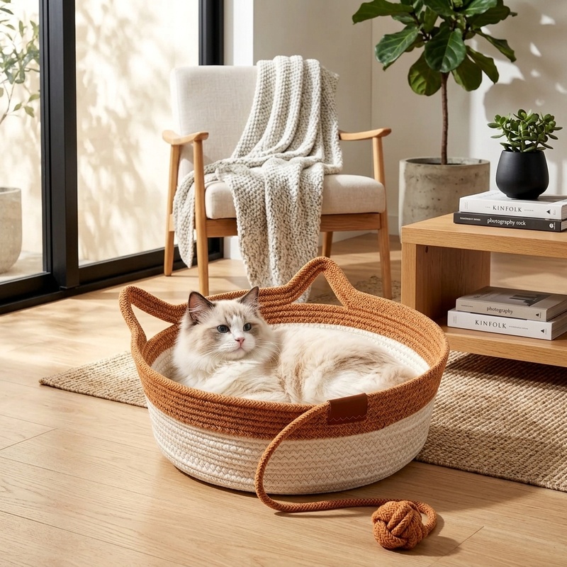 Furniture Hardware For Bed - ตะกร้านอนแมวทำจากเชือกฝ้ายถักมือ ขนาด 35/40/46 ซม. พร้อมหูจับรูปหูแมวและของเล่นลูกบอล สำหรับแมวนอนในบ้าน