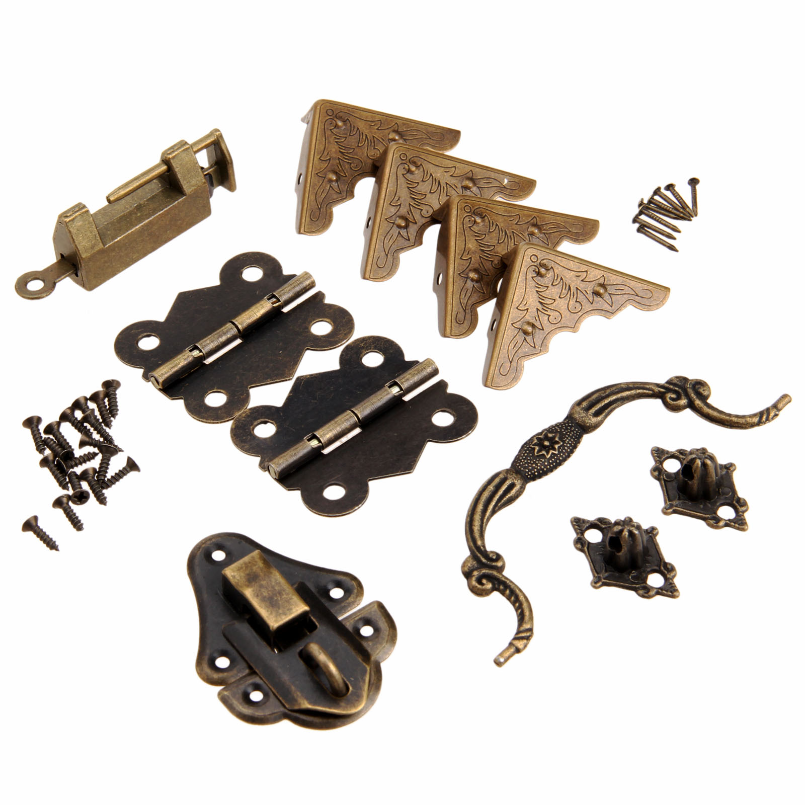 Furniture Hardware Brass - 9ชิ้น/เซ็ตอุปกรณ์เฟอร์นิเจอร์จีนฮาร์ดแวร์ทองเหลืองโบราณไม้กล่อง Latch Hasp + มือจับ +